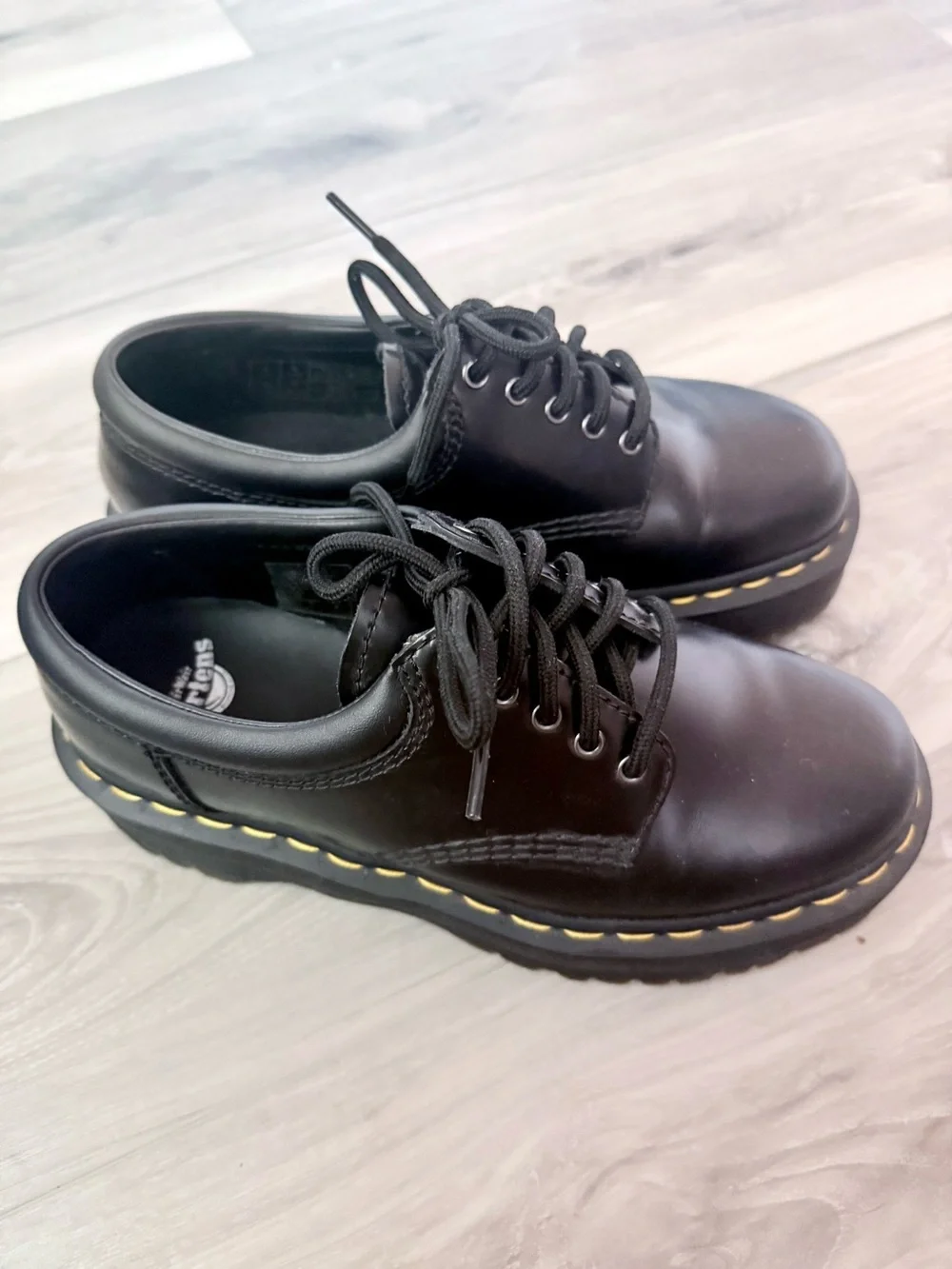 1461 Dr. Martens Platform Black Leather Oxfords with Yellow Stitching